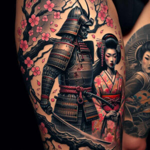 samurai-and-geisha-design-realism-textured-skin-for-shoulder-blade – tattoo design ideas free ai generated – Gallery: geisha-and-samurai-inkby-ai