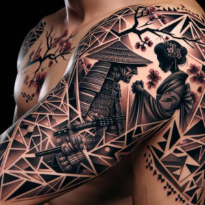 geisha-and-samurai tattoo design ideas Realism hyper-realistic armor symbol of perseverance