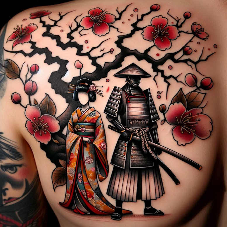 geisha-and-samurai tattoo design ideas color blending artistic shading for collarbone