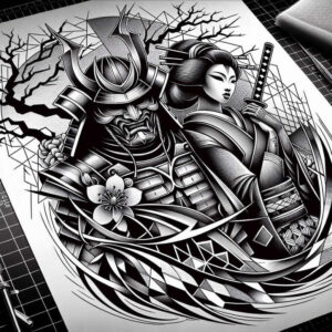 geisha-and-samurai tattoo design ideas Surrealism distorted reality cultural heritage for hand