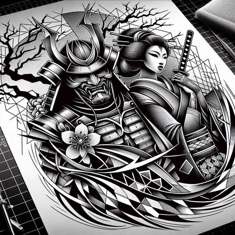geisha-and-samurai tattoo design ideas Surrealism distorted reality cultural heritage for hand