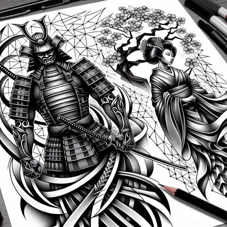 geisha-and-samurai tattoo design ideas dynamic linework cultural symbol of courage