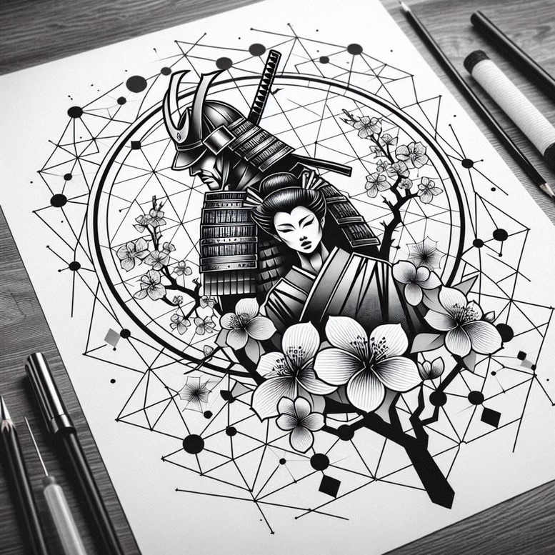 geisha-and-samurai tattoo design ideas Surrealism ghostly shapes detailed clothing symbolising perseverance