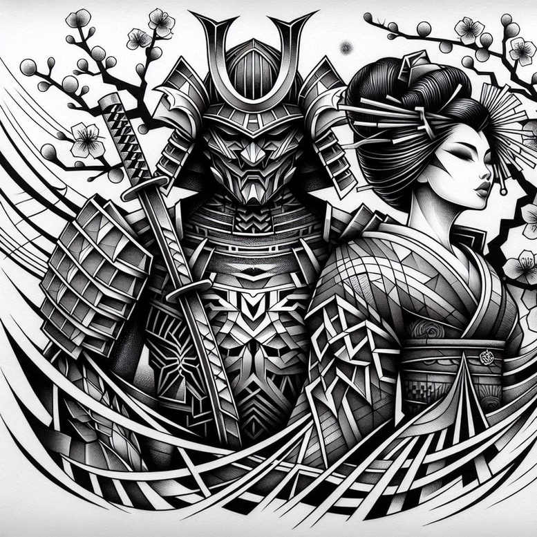 geisha-and-samurai tattoo design ideas artistic contrast detailed faces meaning courage