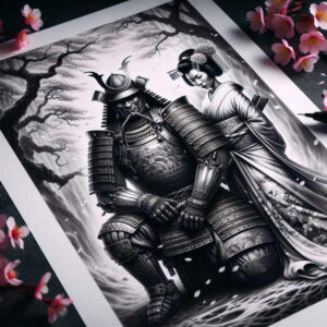 geisha-and-samurai tattoo design ideas defined outlines detailed kimono meaning strength