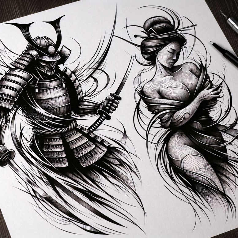 geisha-and-samurai tattoo design ideas spectral hues detailed textures shows courage