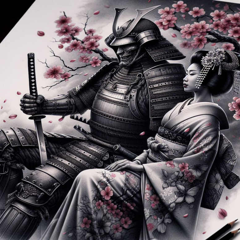 geisha-and-samurai tattoo design ideas displaced objects detailed weapons for triceps