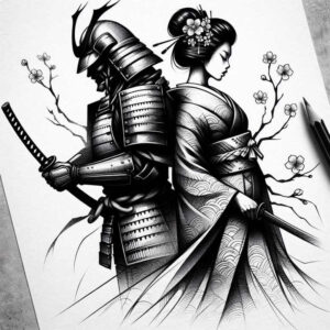 geisha-and-samurai tattoo design ideas mirrored effect detailed weapons represents strength