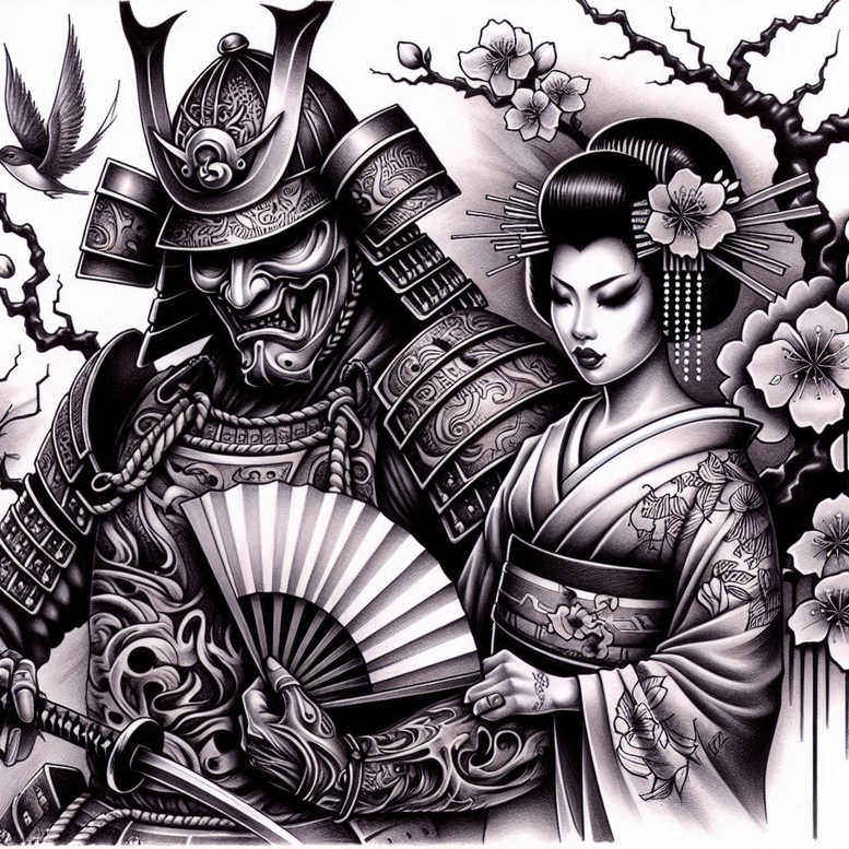 geisha-and-samurai tattoo design ideas realistic contrast facial expressions embodying perseverance