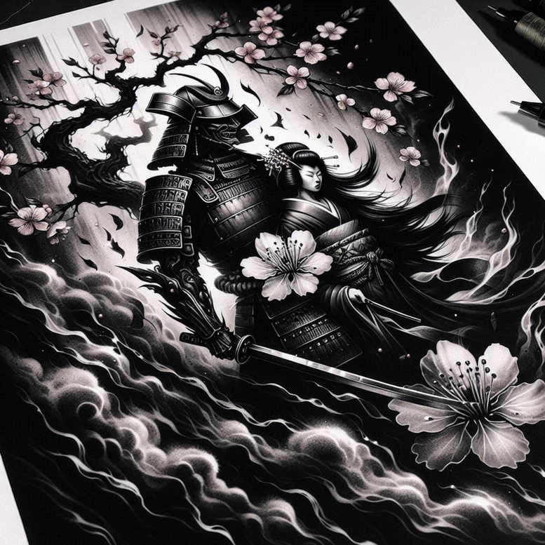 geisha-and-samurai tattoo design ideas Surrealism fluid forms facial expressions for collarbone