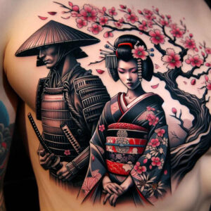 geisha-and-samurai tattoo design ideas artistic contrast facial expressions for neck