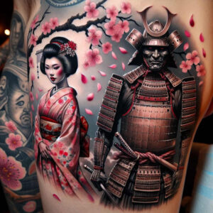 geisha-and-samurai tattoo design ideas phantasmagoric facial expressions symbolising determination