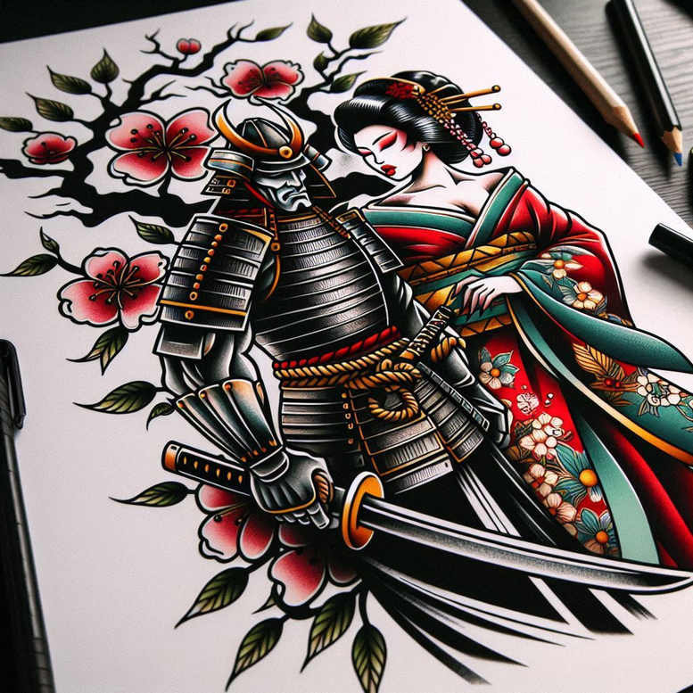 geisha-and-samurai tattoo design ideas Realism high-resolution tattoo fierce for temple