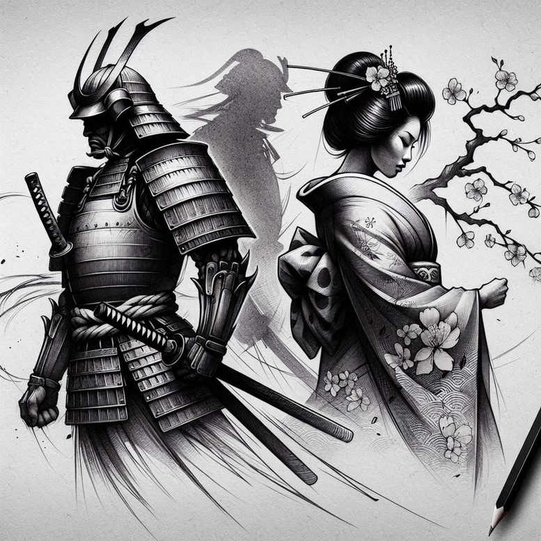 geisha-and-samurai tattoo design ideas Surrealism timeless flowing robes for nape