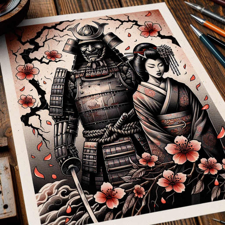geisha-and-samurai tattoo design ideas ambiguous space graceful symbol of endurance