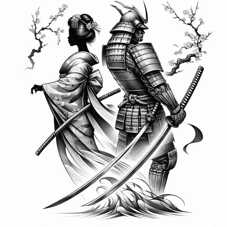 geisha-and-samurai tattoo design ideas rich blacks graceful symbolising perseverance