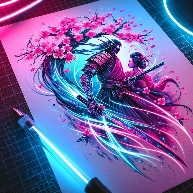 geisha-and-samurai tattoo design ideas Surrealism symbolic hair details stands for courage
