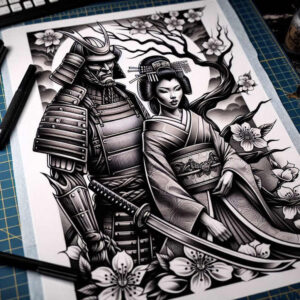 geisha-and-samurai tattoo design ideas clean fill historic symbolism for back shoulder