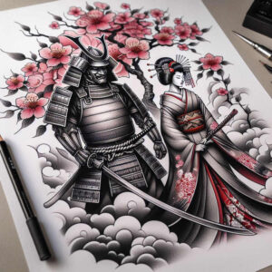 geisha-and-samurai tattoo design ideas Realism detail accuracy historic symbolism for upper chest