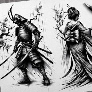 geisha-and-samurai tattoo design ideas Realism reflective light intricate design for spine