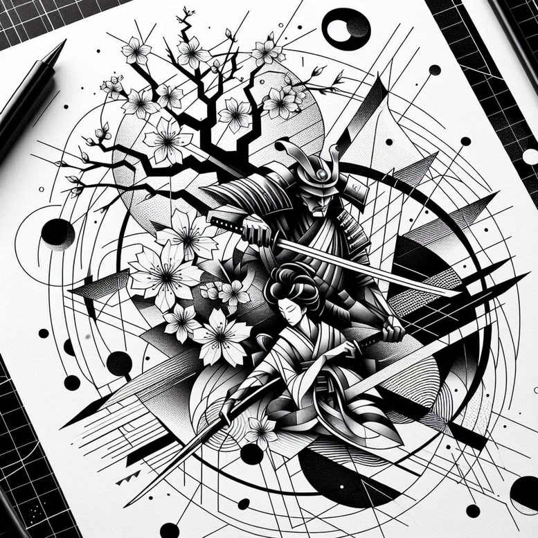 geisha-and-samurai tattoo design ideas Realism depth realism ornamental accessories for side
