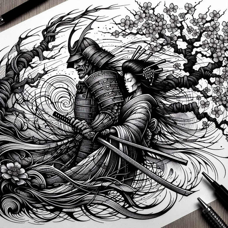 geisha-and-samurai tattoo design ideas layered fill ornamental accessories stands for courage