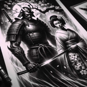 geisha-and-samurai tattoo design ideas Surrealism subconscious themes ornamental accessories symbol of resilience