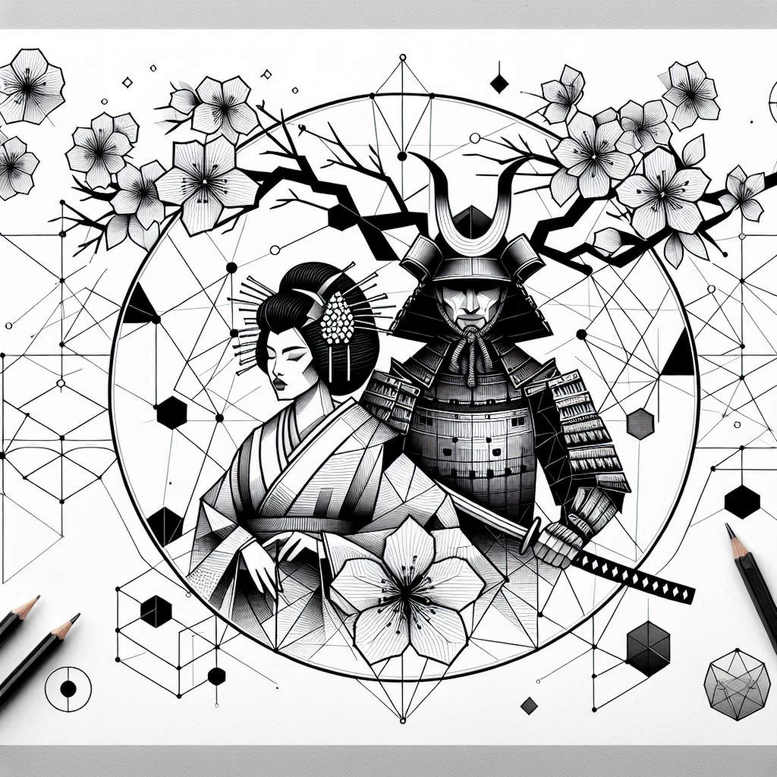 geisha-and-samurai tattoo design ideas Surrealism morphic ornamental patterns for upper thigh