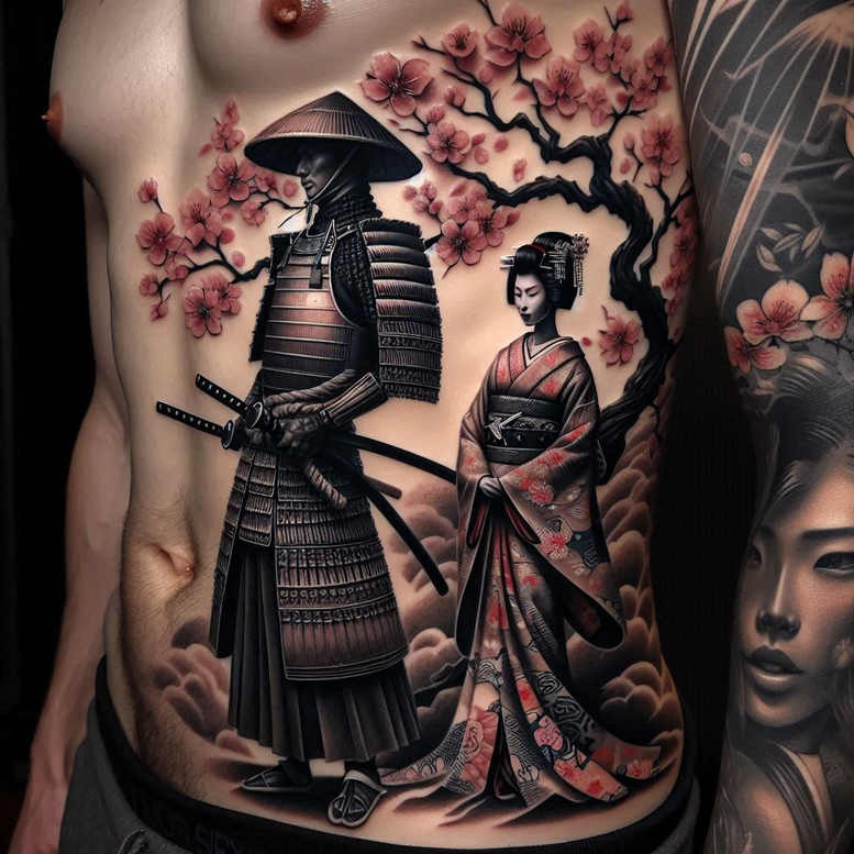 geisha-and-samurai tattoo design ideas textured spiritual for sternum