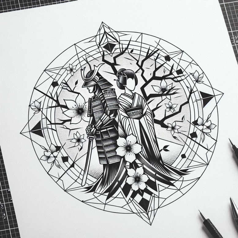 geisha-and-samurai tattoo design ideas fluid motion strength embodying courage