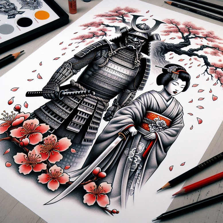 geisha-and-samurai tattoo design ideas soft shadows strength shows strength
