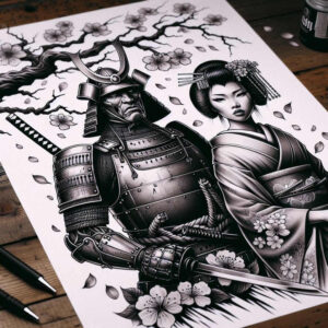 geisha-and-samurai tattoo design ideas dynamic composition swords embodying determination