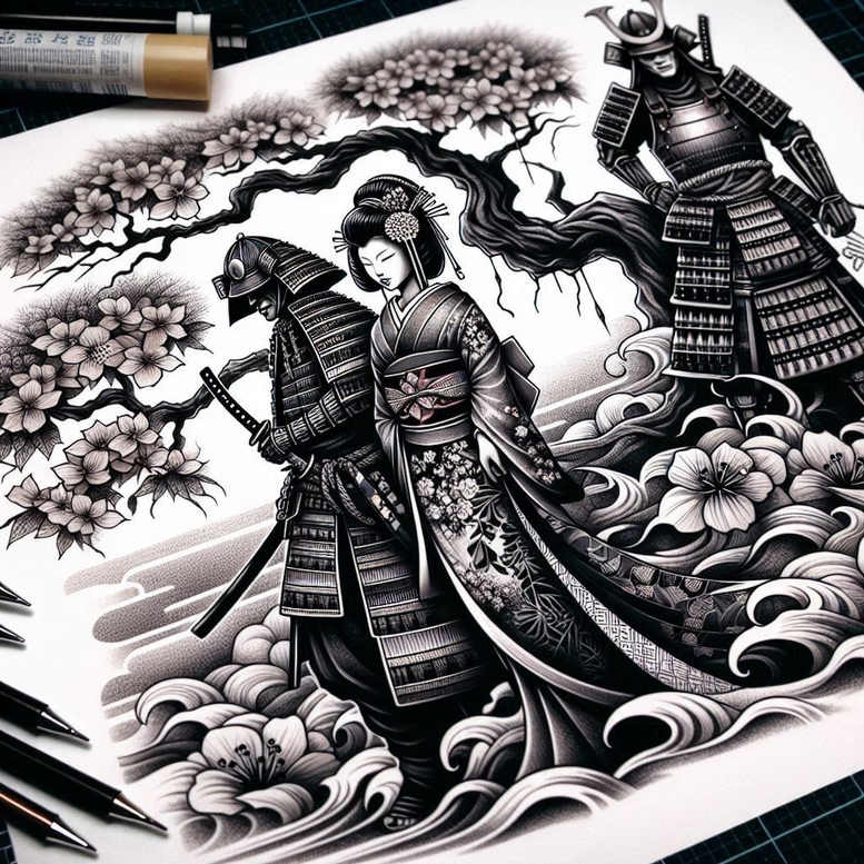 geisha-and-samurai tattoo design ideas glossy swords stands for endurance