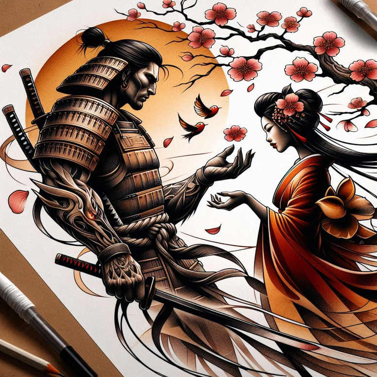 geisha-and-samurai tattoo design ideas Surrealism imaginative symbolic for ribs