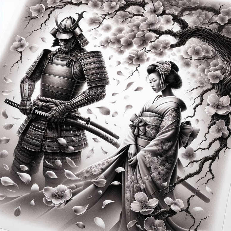 geisha-and-samurai tattoo design ideas Surrealism phantom symbolic for scapula