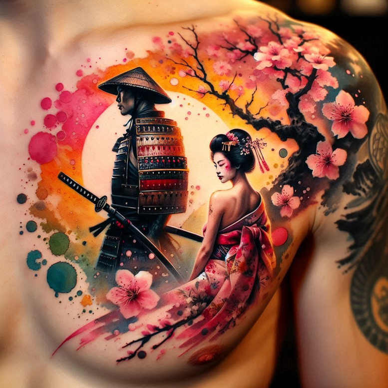 geisha-and-samurai tattoo design ideas macro symbolic for upper back