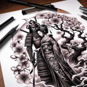 geisha-and-samurai tattoo design ideas clear lines traditional for palm