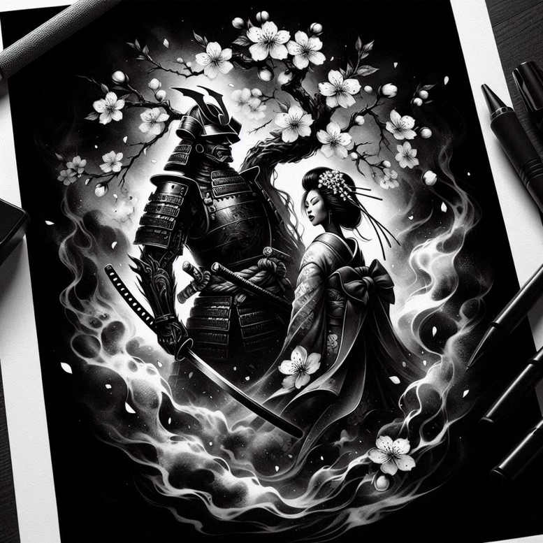 geisha-and-samurai tattoo design ideas metallic traditional motifs for behind ear