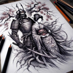 geisha-and-samurai tattoo design ideas realistic shadowing warrior for full back