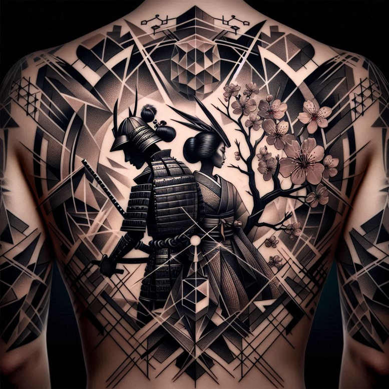 geisha-and-samurai tattoo design ideas Surrealism unreal warrior shows determination