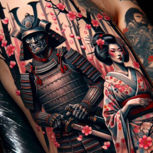 geisha-and-samurai tattoo design ideas dream motifs warrior stance for chest