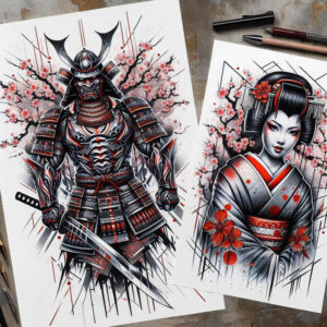 geisha-and-samurai tattoo design ideas dramatic lighting warrior stance for lower back