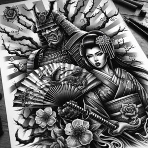 martial-symbolism-tattoo-realism-emotional-depth-for-back-shoulder – tattoo design ideas free ai generated – Gallery: geisha-and-samurai-inkby-ai