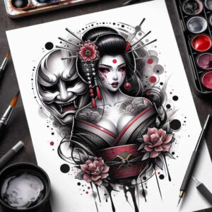 artistic-geisha – tattoo design ideas free ai generated – surrealism-unreal – for-side-torso – Gallery: geisha-inkby-ai