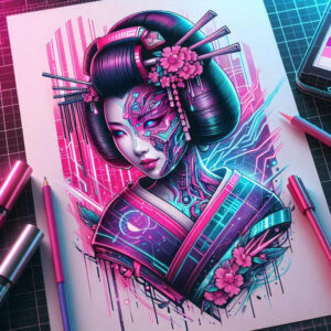 beauty-and-tradition – tattoo design ideas free ai generated – neotraditional-refined-lines – for-behind-ear – Gallery: geisha-inkby-ai