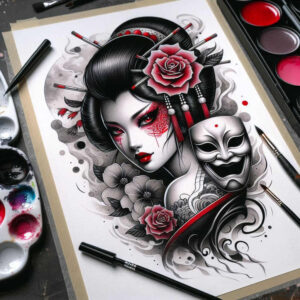 beauty-geisha – tattoo design ideas free ai generated – neotraditional-clean-lines – for-upper-back – Gallery: geisha-inkby-ai