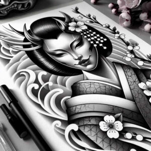 Geisha portrait with flowing hair, sakura blossoms, and a patterned kimono in black and grey; tattoo project, cover-up-ready.