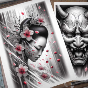 Geisha portrait with branch, flower, and petal elements in black and grey with pink accents; a separate dark mask appears; project for tattoo design; suitable for cover-up.