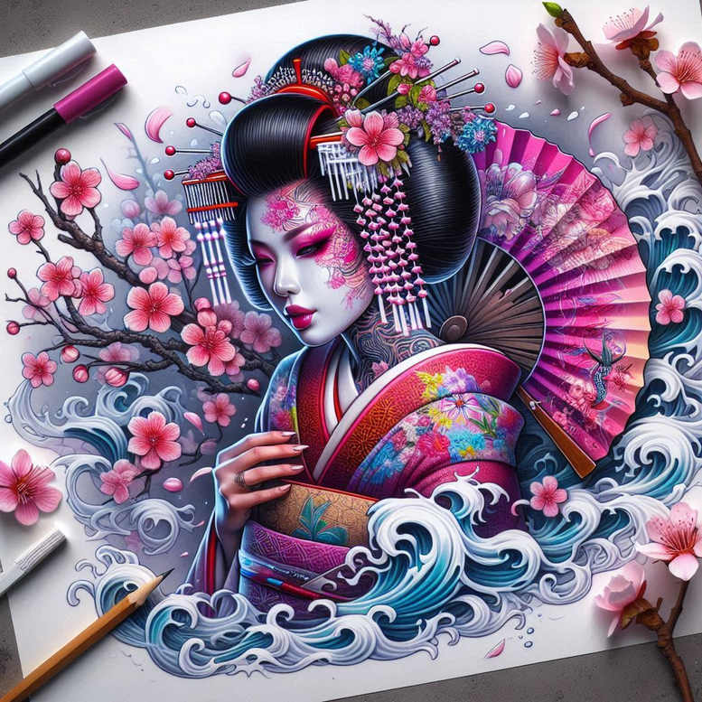 Geisha, kimono, fan, wave, blossoms, branch, hairpin, ornament; full-color scene; AI-generated tattoo project concept; not a cover-up.