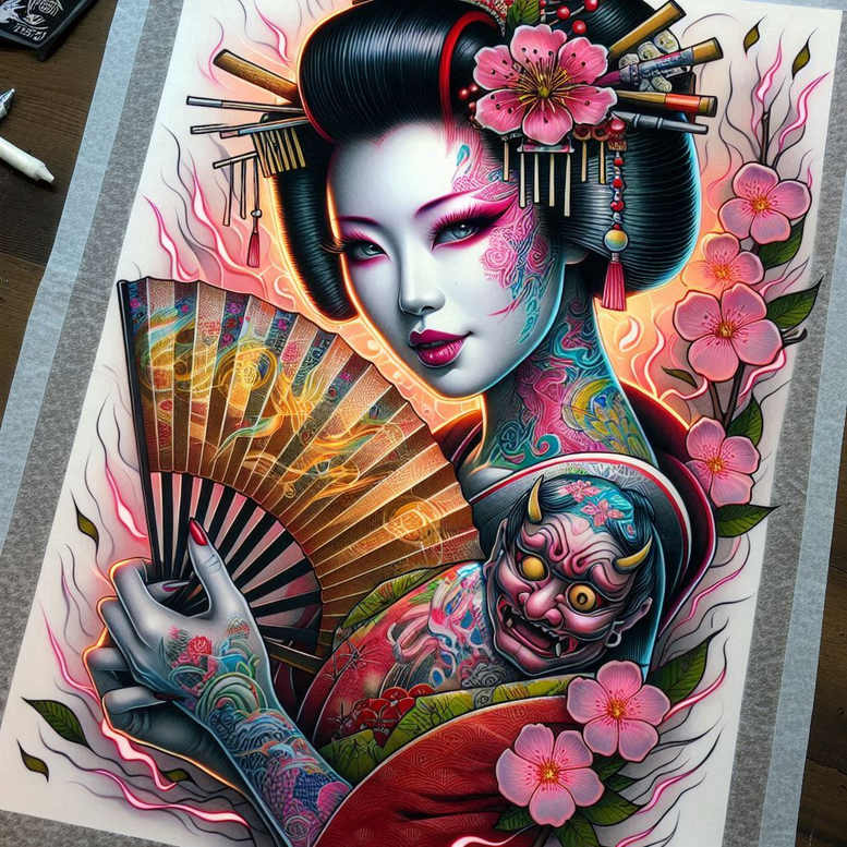 cultural-tattoo – tattoo design ideas free ai generated – neotraditional-detailed-linework – for-side-torso – Gallery: geisha-inkby-ai